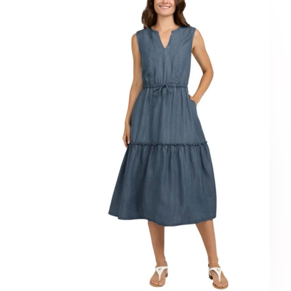 Lands' End Sleeveless Chambray Tiered Midi Dress in Denim Blue